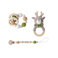 Food Grade Silicone Crochet Teether Toy Wooden Animal Rattle Toy And Bracelet Pacifier Chain Set